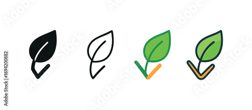 Vector icon vegan leaf symbol same pose same proportions four styles black solid glyph outline minimal flat multicolor filled cartoon flat shaded.