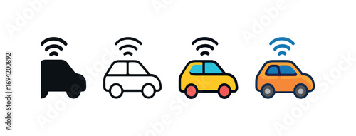 Vector icon autonomous car same pose same proportions four styles black solid glyph outline minimal flat multicolor filled cartoon flat shaded.