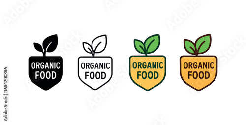 Vector icon organic food label same pose same proportions four styles black solid glyph outline minimal flat multicolor filled cartoon flat shaded.