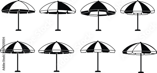 Striped beach umbrella vector, summer parasol silhouette, outdoor sunshade design, holiday vacation symbol, black and white parasol icon illustration