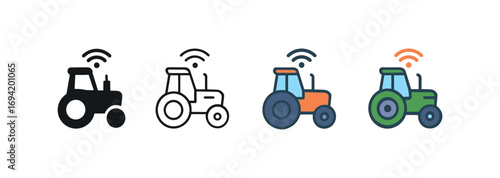 Vector icon smart farming tractor same pose same proportions four styles black solid glyph outline minimal flat multicolor filled cartoon flat shaded.