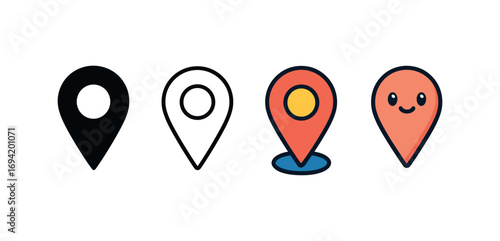Vector icon map location pin same pose same proportions four styles black solid glyph outline minimal flat multicolor filled cartoon flat shaded.
