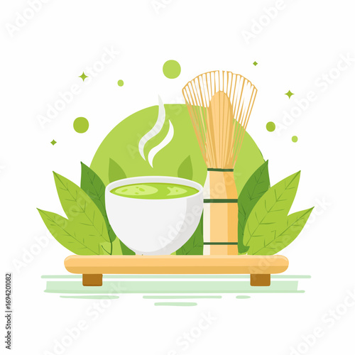 Minimalist Green Tea Matcha Artwork in Flat Pastel Design with Cultural Elements