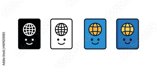 Vector icon travel passport same pose same proportions four styles black solid glyph outline minimal flat multicolor filled cartoon flat shaded.
