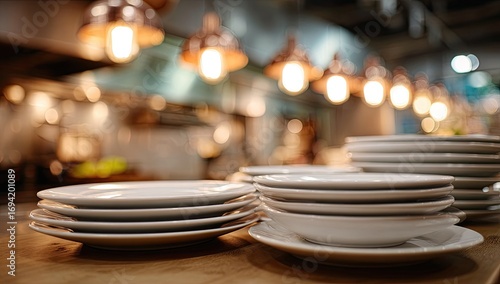 Stacks of clean white plates and bowls on a wooden counter in a restaurant kitchen