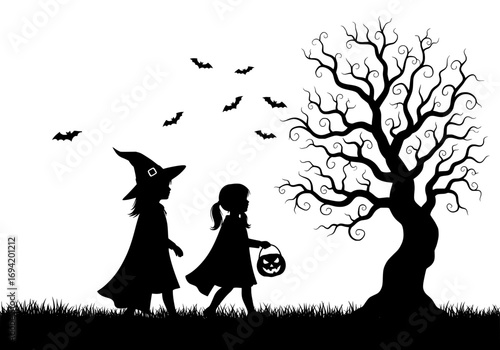 Halloween silhouette kids trick or treating with spooky tree and bats