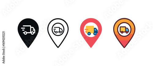 Vector icon delivery tracking pin same pose same proportions four styles black solid glyph outline minimal flat multicolor filled cartoon flat shaded.