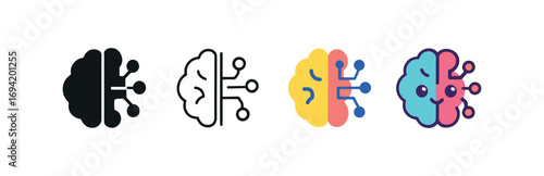 Vector icon AI brain circuit same pose same proportions four styles black solid glyph outline minimal flat multicolor filled cartoon flat shaded.