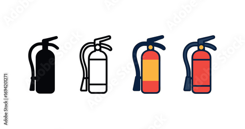 Vector icon fire extinguisher same pose same proportions four styles black solid glyph outline minimal flat multicolor filled cartoon flat shaded.