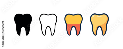 Vector icon tooth dental same pose same proportions four styles black solid glyph outline minimal flat multicolor filled cartoon flat shaded.