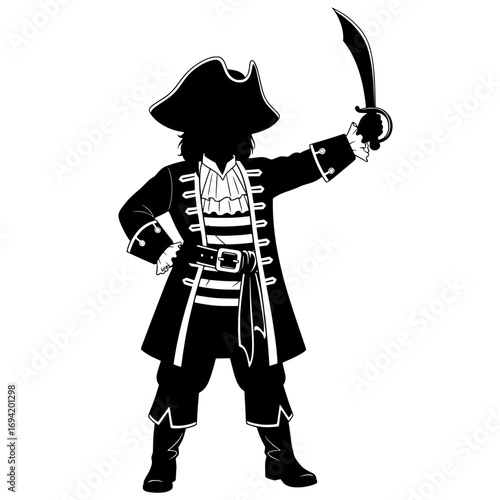 Pirate character with sword raised in a dynamic pose for adventure and fantasy