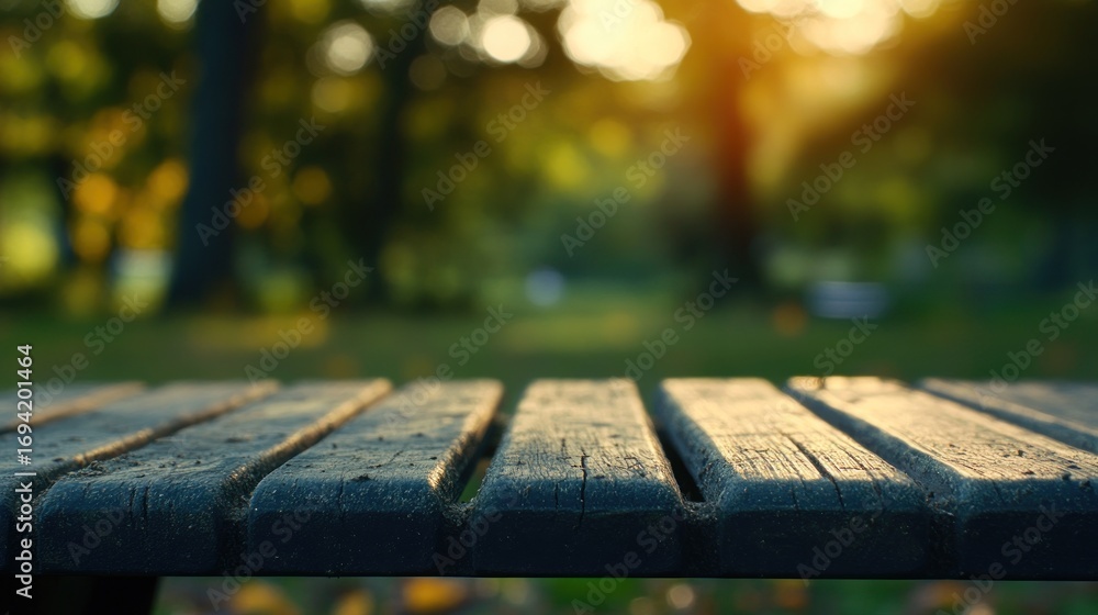 Fototapeta premium Rustic charm: Wooden bench bathed in ethereal sunlight against a serene park vista