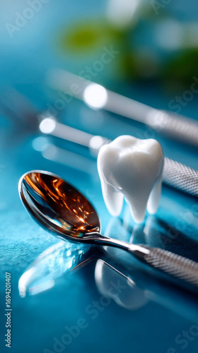 White tooth model with stainless steel dental tools on a blue surface, symbolizing oral health