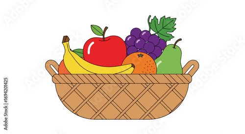 Vibrant fruit assortment overflowing a woven basket: a colorful still life arrangement of healthy produce display