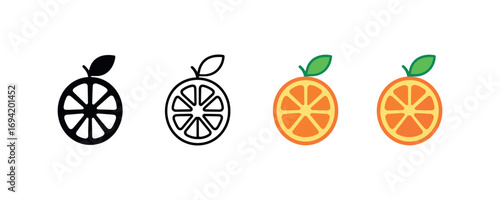 Vector icon orange citrus same pose same proportions four styles black solid glyph outline minimal flat multicolor filled cartoon flat shaded.