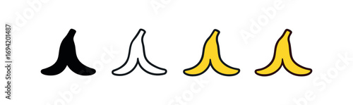 Vector icon banana peel same pose same proportions four styles black solid glyph outline minimal flat multicolor filled cartoon flat shaded.