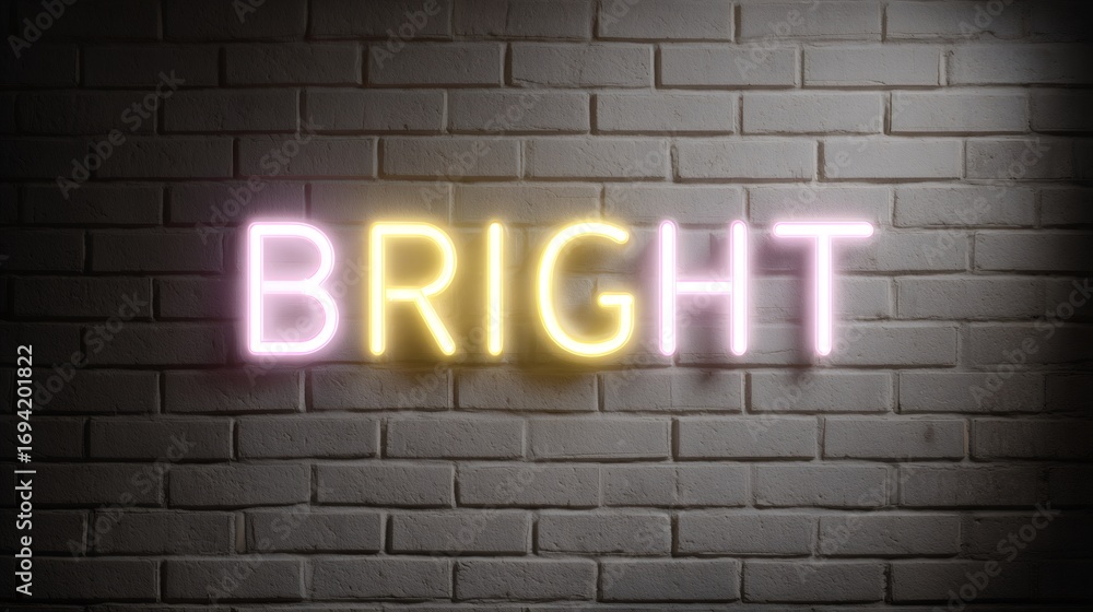 Fototapeta premium Neon sign spelling 'BRIGHT' on brick wall. Glowing letters in pink and yellow. Modern urban decor for business, event, or home. Illuminated word art with copy space