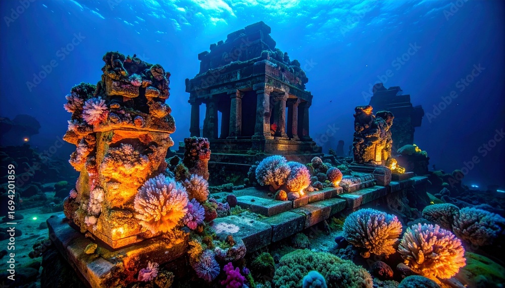 Obraz premium Ethereal view of a lost underwater city, with ancient temple ruins illuminated by glowing coral reefs