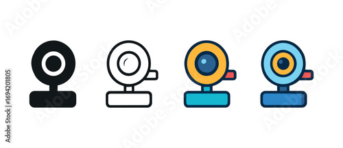 Vector icon streaming webcam same pose same proportions four styles black solid glyph outline minimal flat multicolor filled cartoon flat shaded.