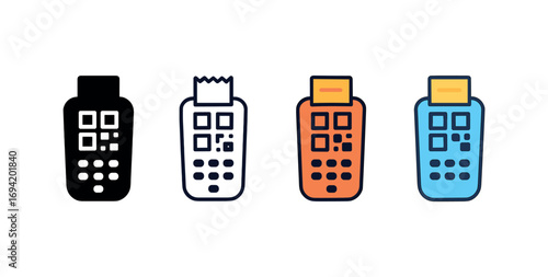 Vector icon QR payment same pose same proportions four styles black solid glyph outline minimal flat multicolor filled cartoon flat shaded.