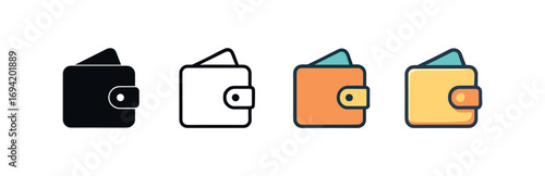 Vector icon mobile wallet same pose same proportions four styles black solid glyph outline minimal flat multicolor filled cartoon flat shaded.