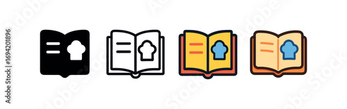 Vector icon recipe cookbook same pose same proportions four styles black solid glyph outline minimal flat multicolor filled cartoon flat shaded.