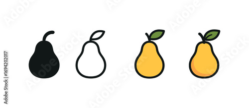 Vector icon pear fruit same pose same proportions four styles black solid glyph outline minimal flat multicolor filled cartoon flat shaded.