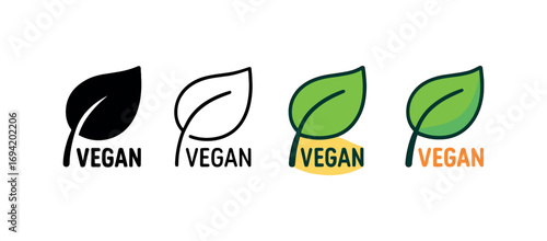 Vector icon vegan leaf symbol same pose same proportions four styles black solid glyph outline minimal flat multicolor filled cartoon flat shaded.