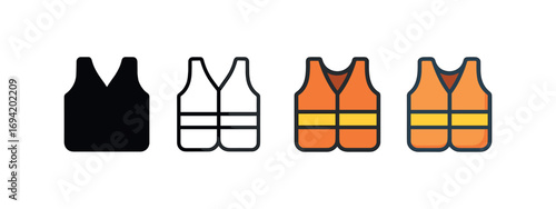 Vector icon safety vest same pose same proportions four styles black solid glyph outline minimal flat multicolor filled cartoon flat shaded.