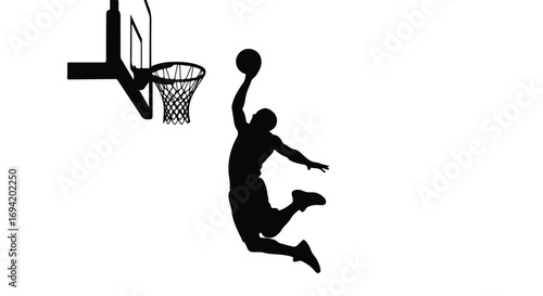 Dynamic basketball player silhouette executing a slam dunk near the hoop in a monochrome representation showing motion and athleticism