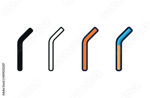 Vector icon stainless steel straw same pose same proportions four styles black solid glyph outline minimal flat multicolor filled cartoon flat shaded.