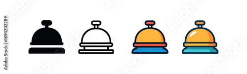 Vector icon hotel bell same pose same proportions four styles black solid glyph outline minimal flat multicolor filled cartoon flat shaded.