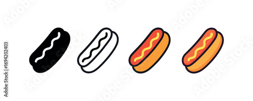Vector icon hotdog bun same pose same proportions four styles black solid glyph outline minimal flat multicolor filled cartoon flat shaded.