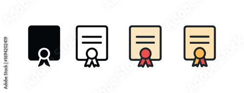 Vector icon graduation diploma same pose same proportions four styles black solid glyph outline minimal flat multicolor filled cartoon flat shaded.