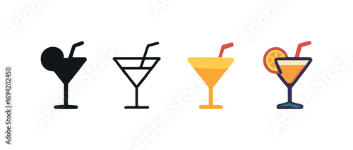 Vector icon cocktail glass straw same pose same proportions four styles black solid glyph outline minimal flat multicolor filled cartoon flat shaded.