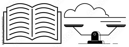 Open book balanced with cloud on scales symbolizing harmony between knowledge and technology. Ideal for education, balance, innovation, technology, knowledge, decision-making, equality. Simple flat