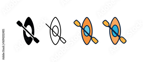 Vector icon kayak paddle same pose same proportions four styles black solid glyph outline minimal flat multicolor filled cartoon flat shaded.