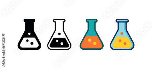 Vector icon laboratory flask same pose same proportions four styles black solid glyph outline minimal flat multicolor filled cartoon flat shaded.