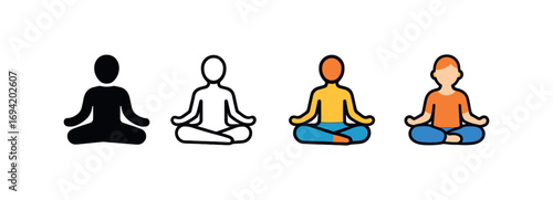 Vector icon yoga meditation pose same pose same proportions four styles black solid glyph outline minimal flat multicolor filled cartoon flat shaded.