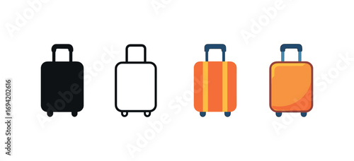 Vector icon luggage suitcase same pose same proportions four styles black solid glyph outline minimal flat multicolor filled cartoon flat shaded.