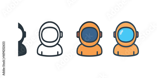 Vector icon astronaut helmet same pose same proportions four styles black solid glyph outline minimal flat multicolor filled cartoon flat shaded.