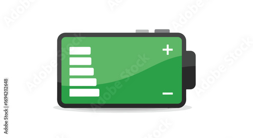 Vivid depiction of a fully charged battery with a green screen indicating maximum power capacity ready for use in various electronic devices