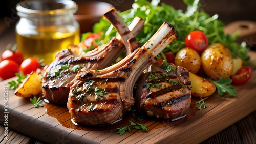 Delicious grilled lamb chops with fresh salad and cherry tomatoes served on a wooden board a culinary delight