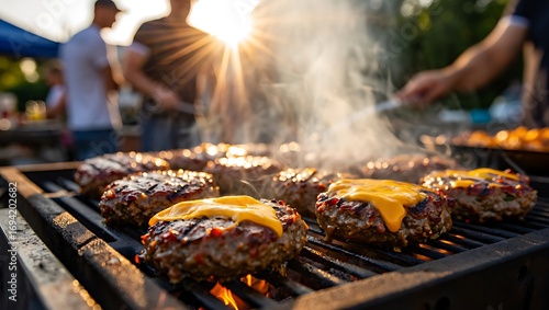 Delicious cheeseburgers sizzling on an outdoor bbq grill with friends enjoying a summer gathering in the background