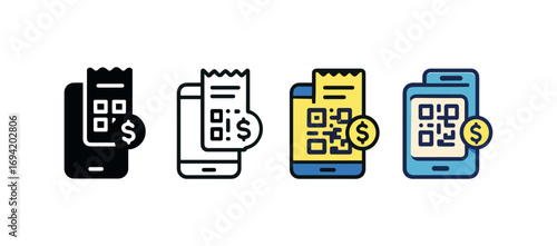 Vector icon QR payment same pose same proportions four styles black solid glyph outline minimal flat multicolor filled cartoon flat shaded.