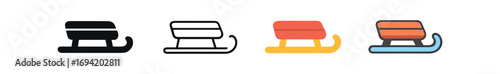 Vector icon sled same pose same proportions four styles black solid glyph outline minimal flat multicolor filled cartoon flat shaded.