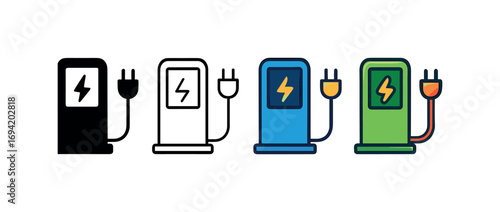 Vector icon electric vehicle charging same pose same proportions four styles black solid glyph outline minimal flat multicolor filled cartoon flat shaded.