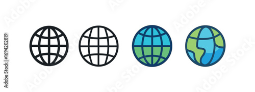 Vector icon globe world same pose same proportions four styles black solid glyph outline minimal flat multicolor filled cartoon flat shaded.