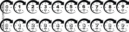 Vector icon set of timers and clocks isolated on a white background. Stopwatch, fast time, and countdown symbols. Chronometer and time management graphic elements for design.