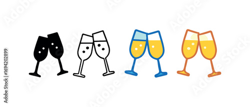 Vector icon champagne glasses same pose same proportions four styles black solid glyph outline minimal flat multicolor filled cartoon flat shaded.